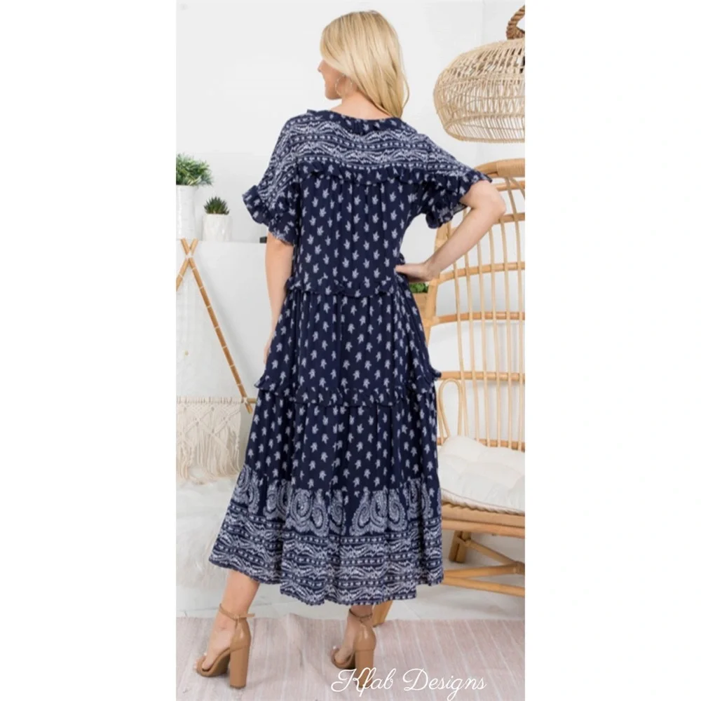 ❤️LAST 1! Navy Paisley Border Print Fully Lined Midi Pocket Dress! - Picture 6 of 6